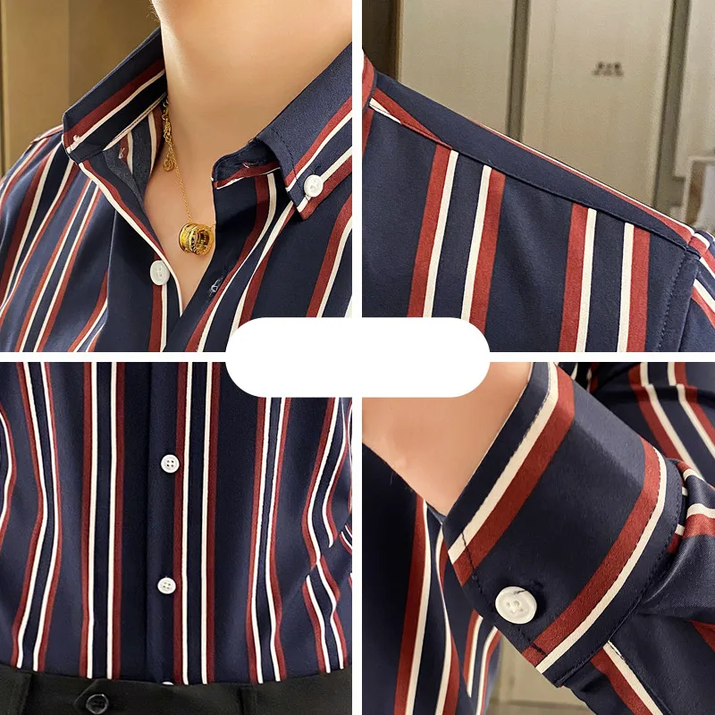 Spring 2024 New Fashion Casual Business Wedding Trend Classic Striped Men\'s Long-sleeved Shirt   Shirt for Men