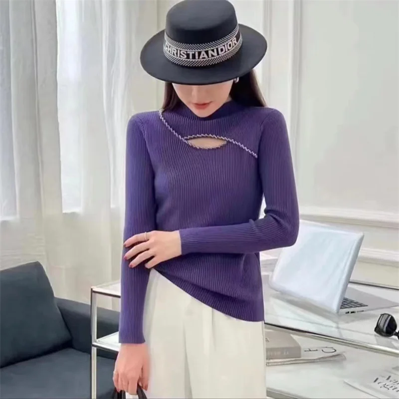 Half High Neckline Slim Fit Sweater For Women Spring And Autumn New Fashionable Sexy Studded Hollow Knit Base Sweater Female Top