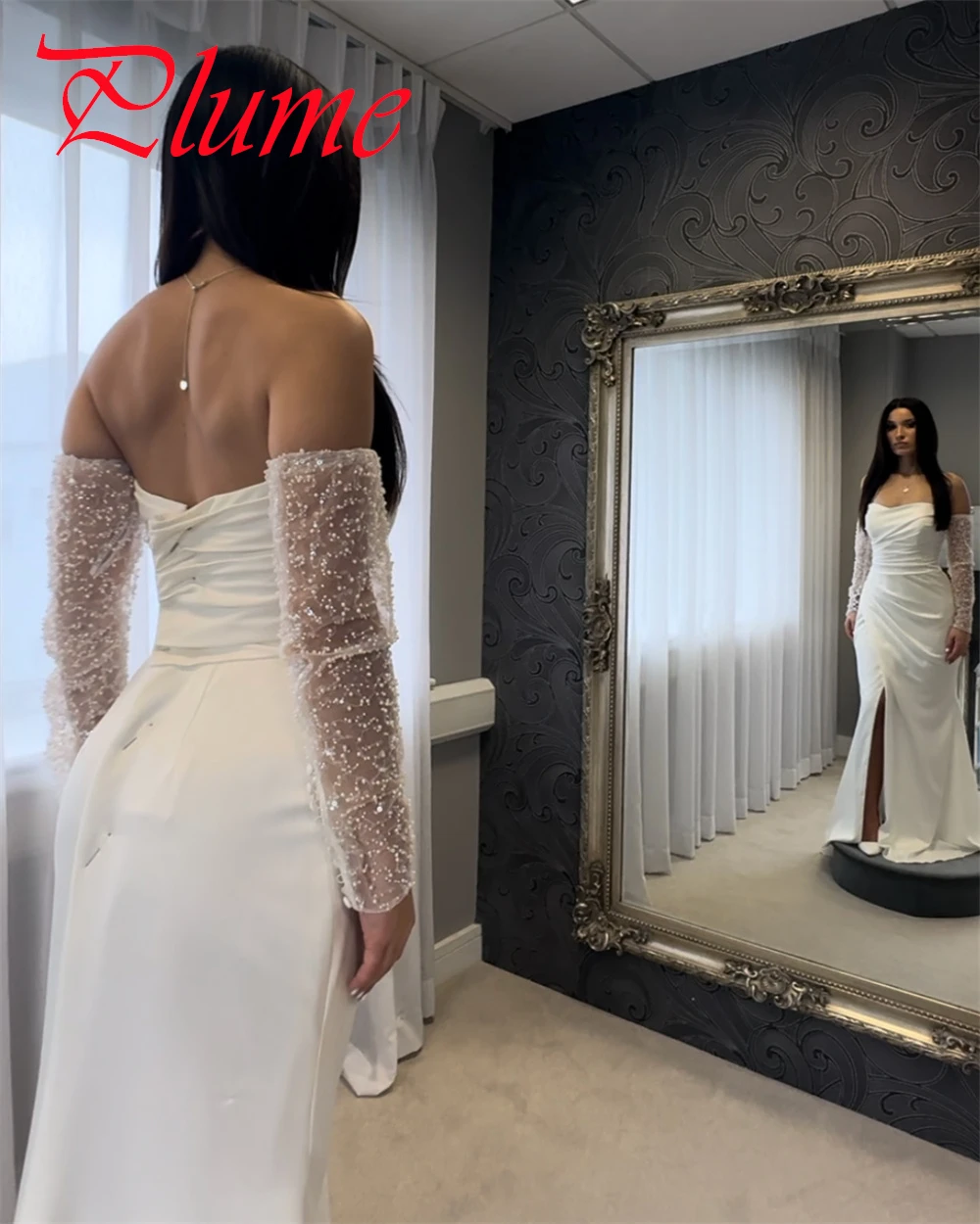 Vestidos de novia de Jersey blanco personalizados, vestidos de novia de sirena de manga larga desmontables sin tirantes simples, vestido de tren de barrido