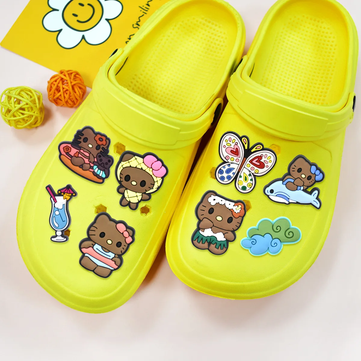 5-8PCS Black skin hellokitty Summer LimitedShoe Charm PVC Decoration Buckle Clog Kids Detachable DIY Waterproof To X-mas Gift