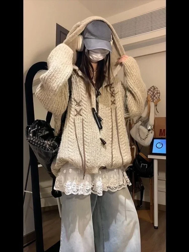 サブカルチャー ヴィンテージ フード付きカーディガン ストリートウェア レディース カジュアル ルーズトップス 2025 秋 ハラジュク グランジ セーター 2000年代 ハラジュク コート