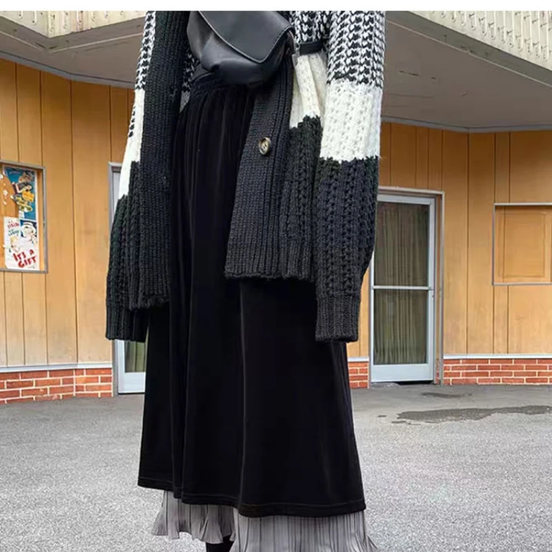 Gonne lunghe a pieghe in velluto nero elegante vintage stile francese Donna Autunno Inverno Gonna lunga con volant con giunture a vita alta elastica