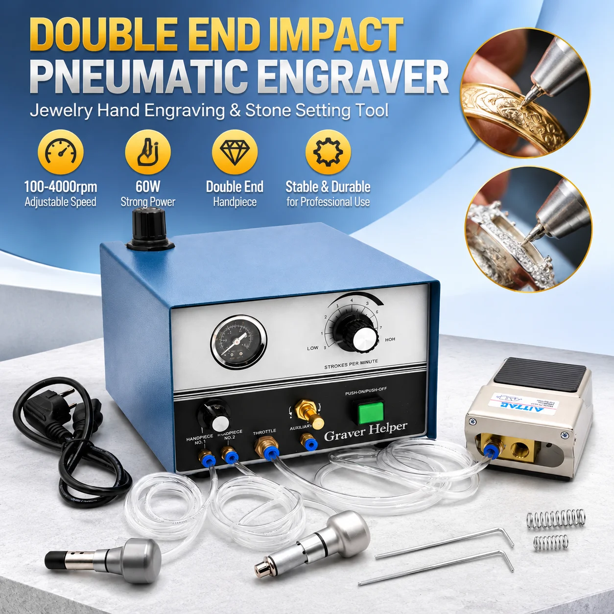 100-4000prm Jewelry Pneumatic Engraving Machine Hand Jewelry Engraver Double End Impact Air Graver Accessories With Two Handpieces 60W Pneumatic Graver Engraving Machine