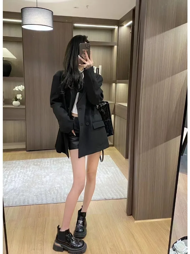 

Insozkdg Women Black Suit Pullover Blazer Irregular Split Design 2024 Spring Autumn Korean Suit Top Loose Femme Streetwear Coats