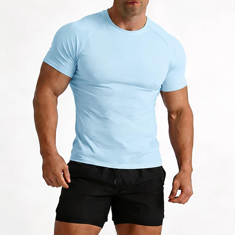 Herren Baumwoll-Spandex Kurzarm-T-Shirt, hochelastisches Sportshirt für Sommer, Fitnessstudio, Workout, Freizeit und Alltag. – Detail 10