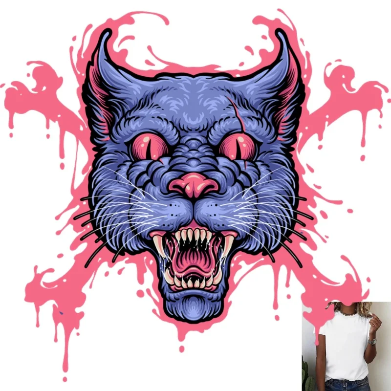 Cool & Edgy Fierce Blue Cat Head Heat Transfer White Ink Iron - on Patch, Suitable for T - shirts, Canvas Bags & More, Street -