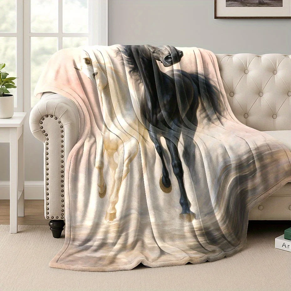 Horse Print Flannel Throw Blanket, 2D Flat Soft Warm Design, Tear Resistant for Home Travel, Multi-Size Decor Gift
