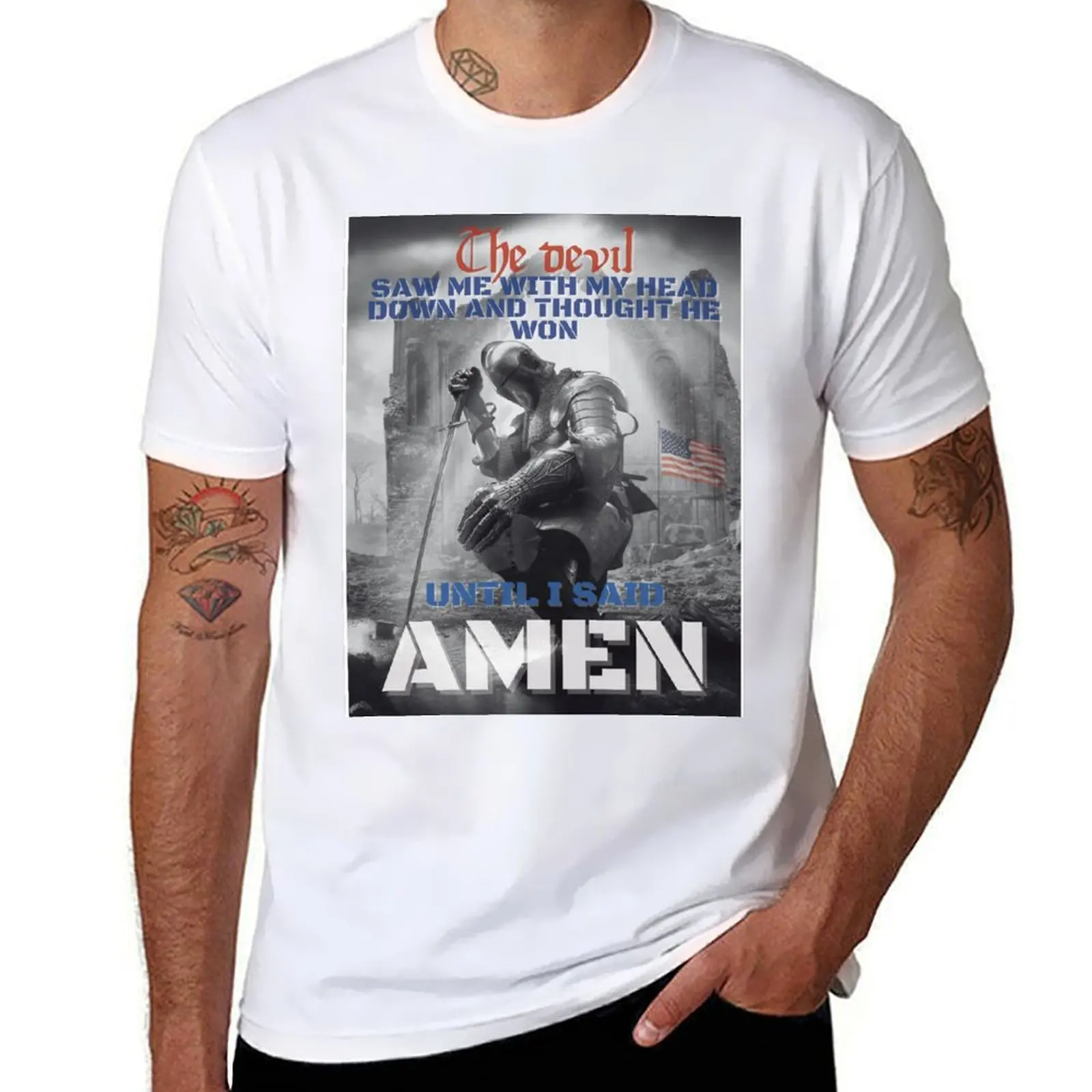 

The Devil Saw Me With My Head Down Thought He'D Won Until I Said Amen Crusader T-Shirt new gifts and t-shirts mens tall t shirts