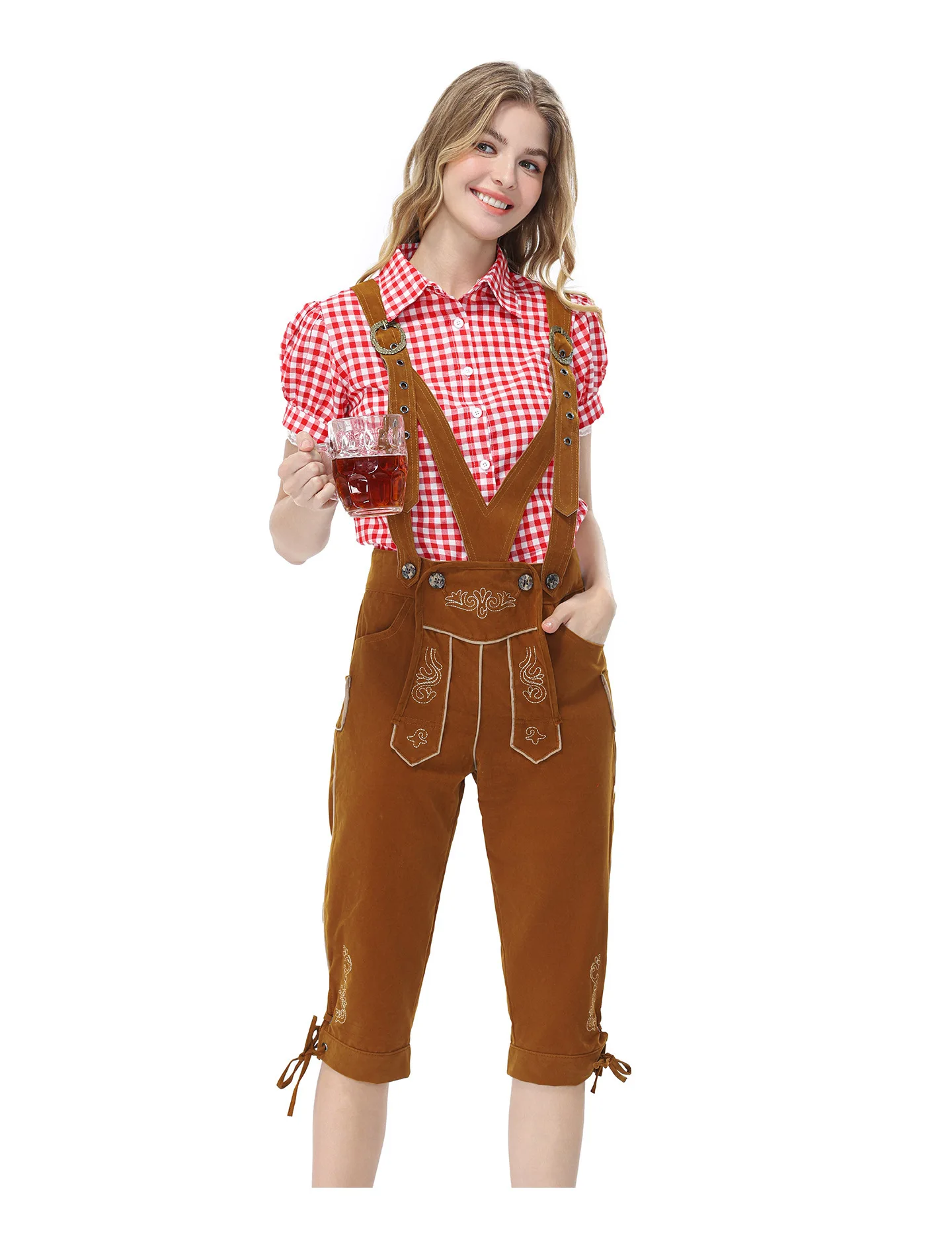 Vintage Bayerisches Lederhosen-Outfit für die Familie, Weißes Karohemd, Bestickte Hosenträgerhose, Oktoberfest-Party-Cosplay-Kostüm – Detail 16