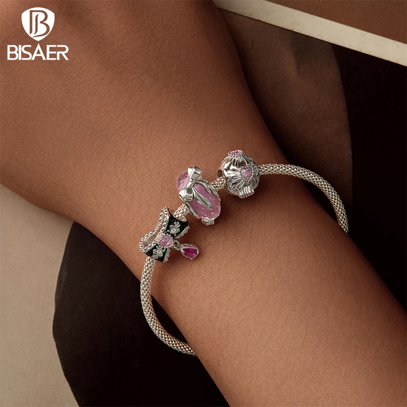 BISAER 925 Sterling Silver Romantico Fiocco di Fascino Arco Catena di Sicurezza Cuore di Silicone Modello di Diamante Perlina per Braccialetti Fai