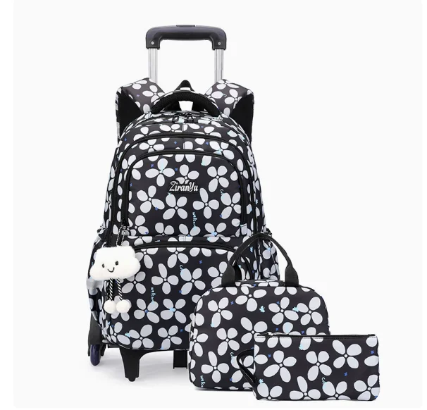 School Wheeled Bags Primary School Trolley Bags Set Lunch bag pen Bag Rolling Backpack for Girls 3Pcs Rolling Backpack for Girls
