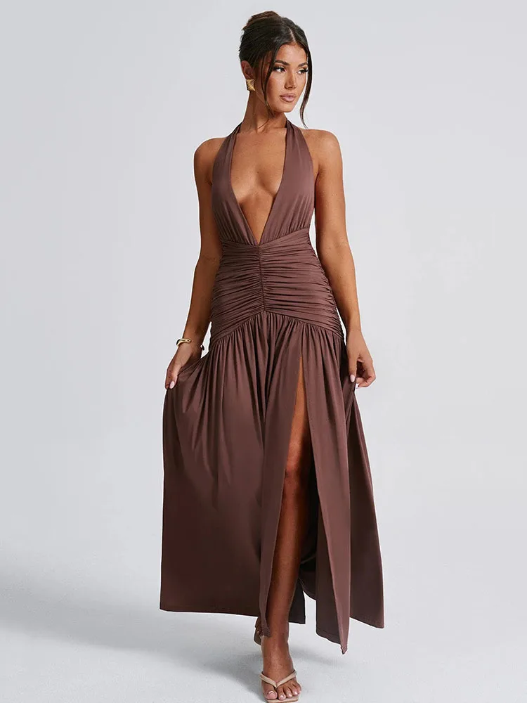 Articat Sexy Hanging Collar Deep V-pleated Split Long Skirt For Women's Elegant Backless Bodycon Evening Dress Summer Partywear