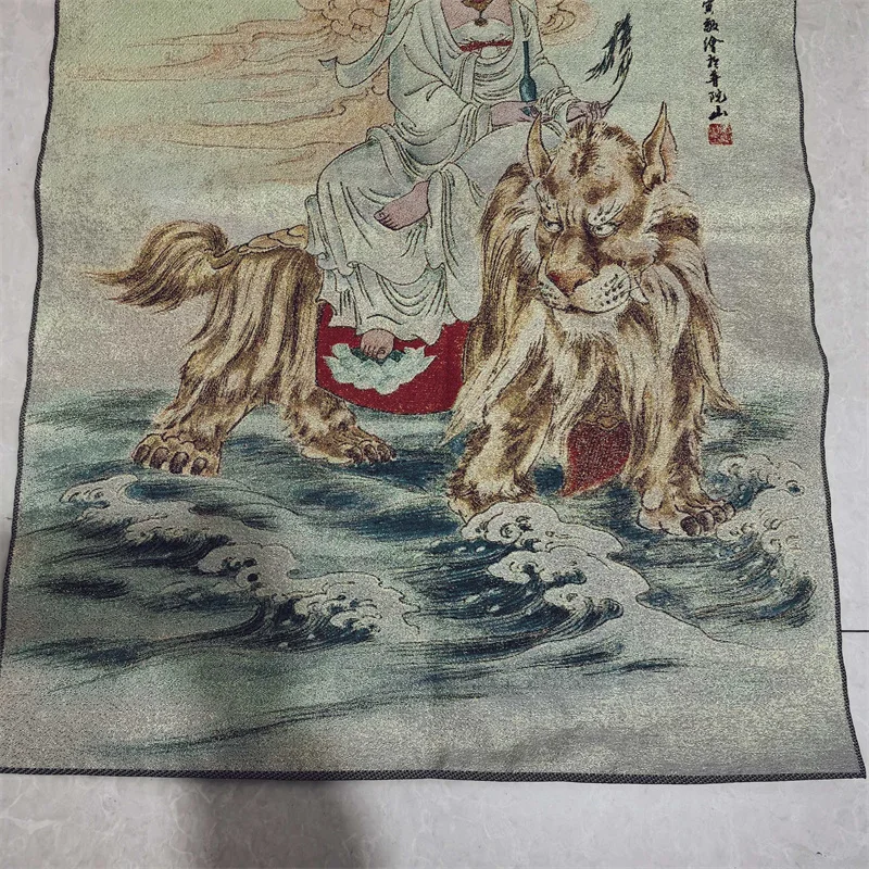 China Old Brocade Embroidery Tangka Painting - Riding Tiger Guanyin Buddha Statue - Buddhist Artwork for Home Decor