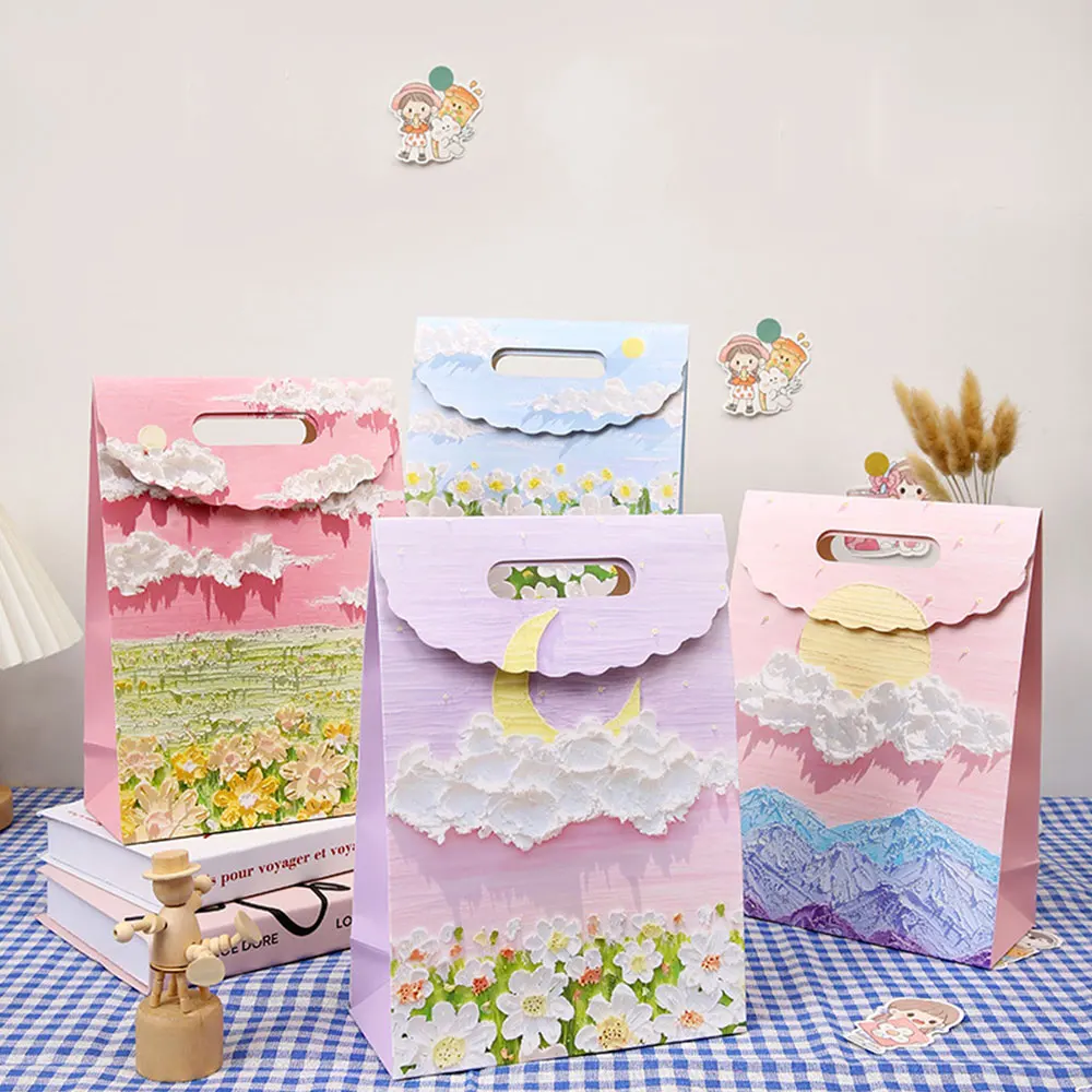 5PCS  Party Supplies Gift Bag Flower Packaging Paper Oil Painting Paper Bag Storage Bag Flip Bag Handbag Portable Shopping Bag