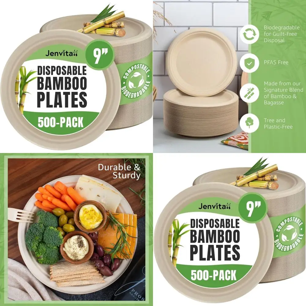 

9-дюймовые компостируемые обеденные тарелки, упаковка 500 шт. – прочные, пригодные для использования в микроволновой печи, сверхпрочные, биоразлагаемые, экологически чистые, сертифицированные SC.