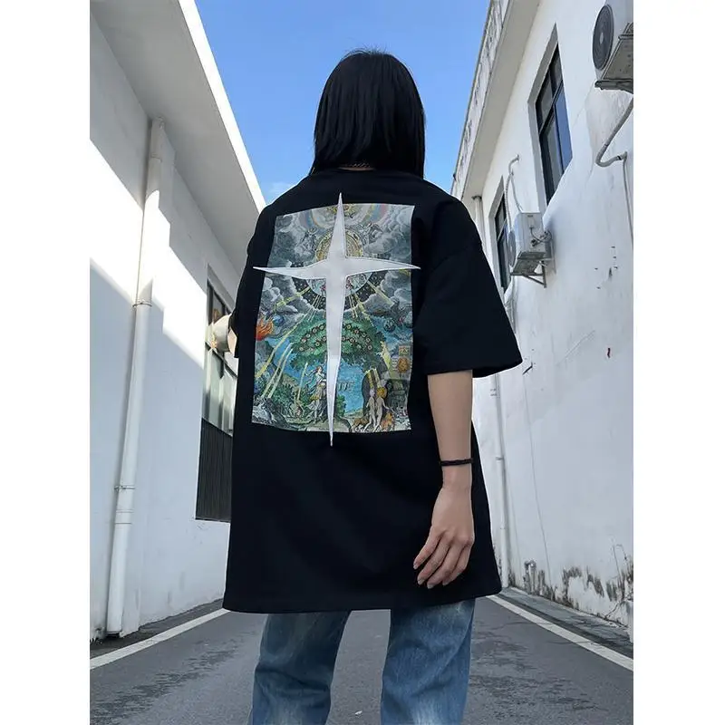 

American Retro Printed Cotton Loose Short Sleeved Men And Women T Shirt Summer New High Street Hip Hop Niche Chic Couple Tops