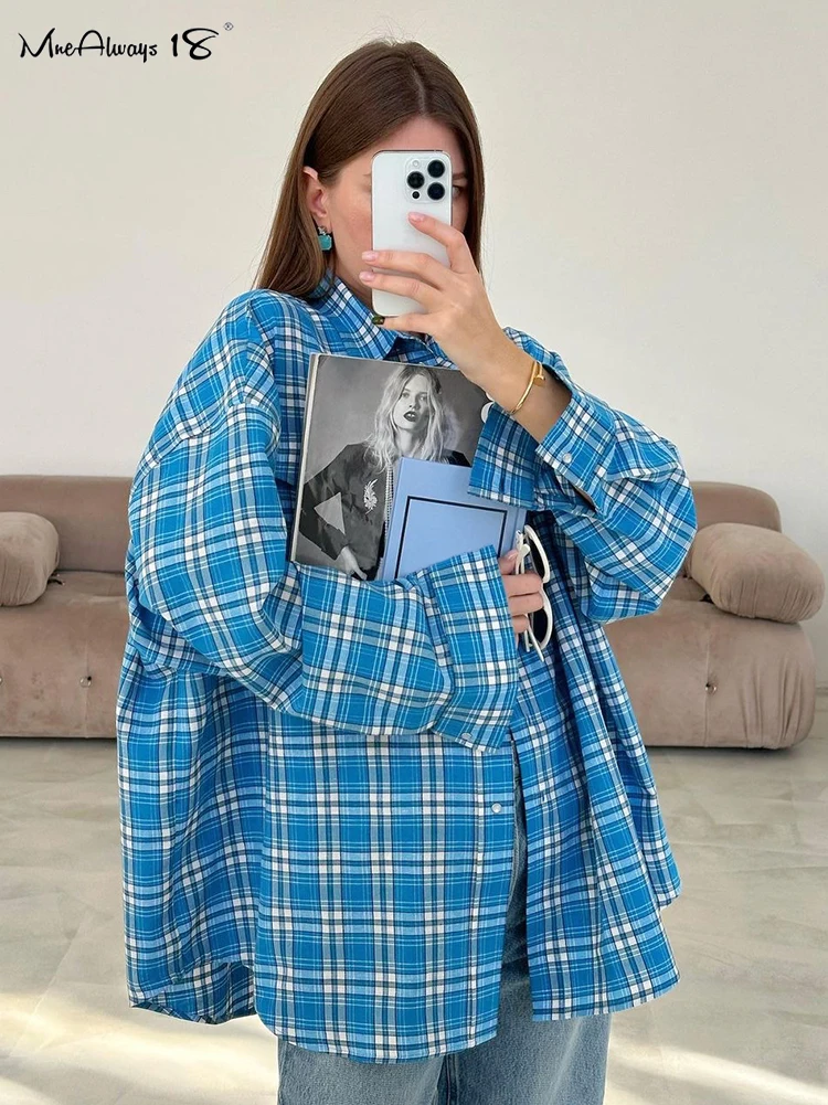 Mnealways18 Brightly Blue Gingham Blouses Women Turn Down Collar Oversize Loose Streetwear Shirts Autumn 2024 Office Ladies Tops