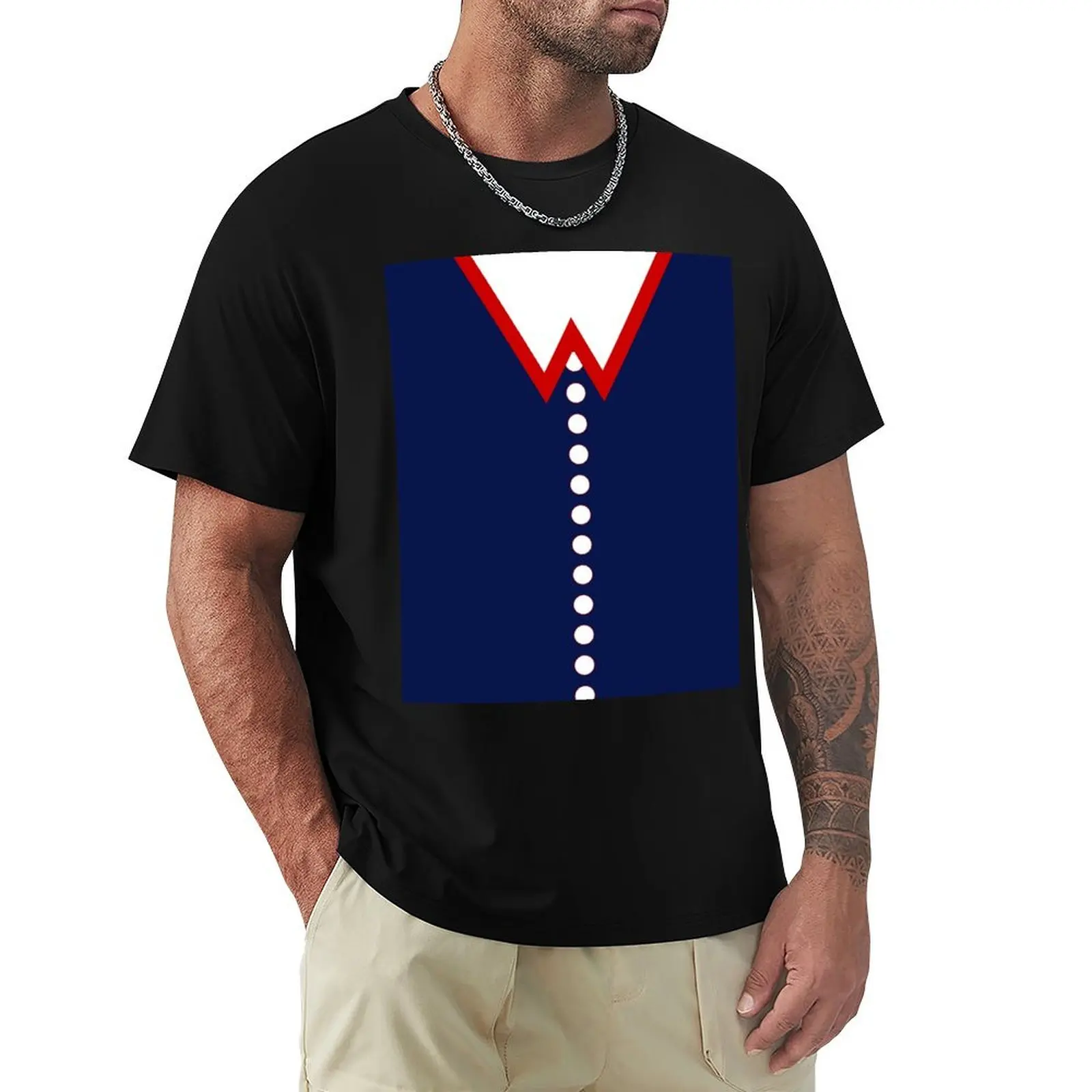 Red White and Blue Faux Collar and Buttons T-Shirt Basic Crew Neck Short Sleeve Top