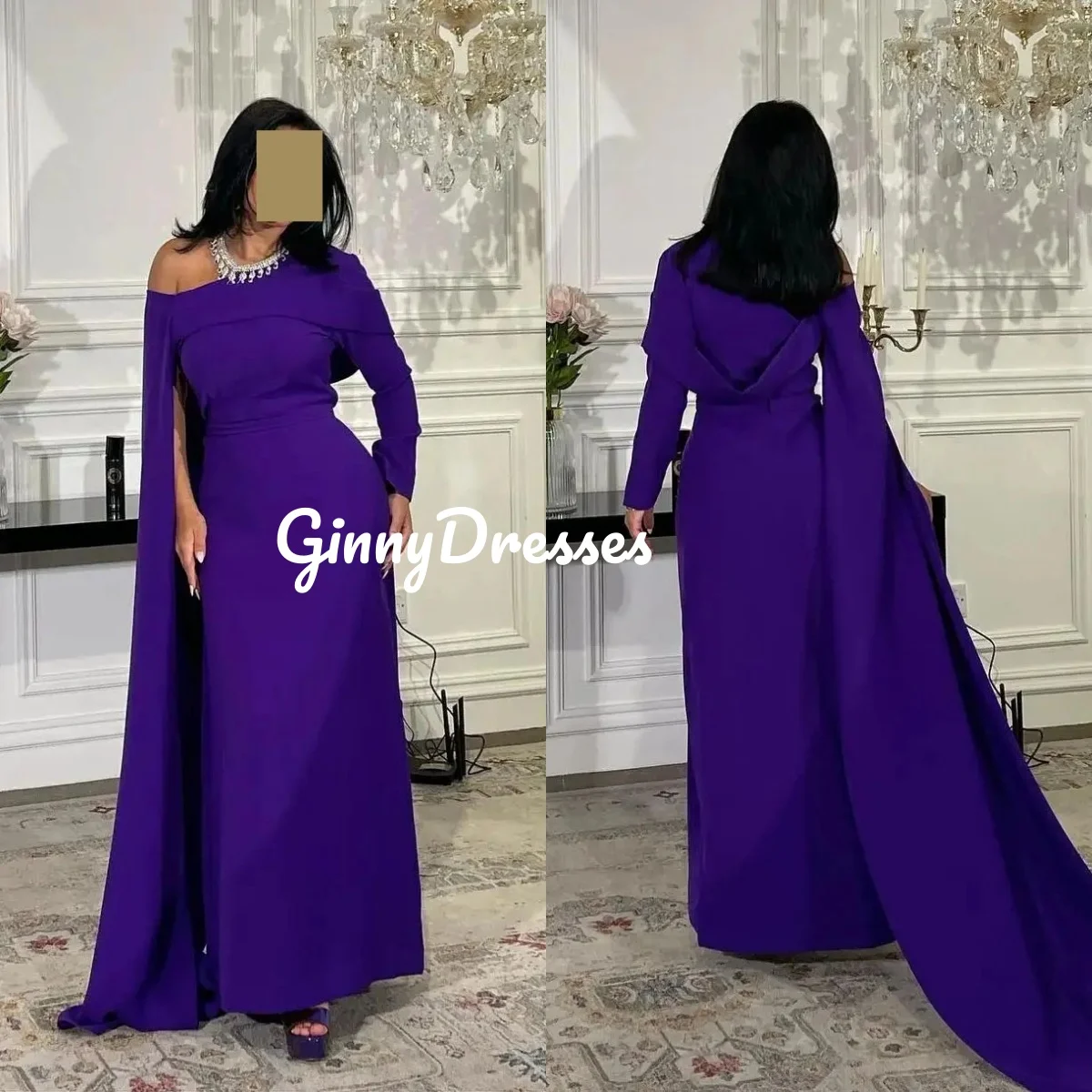 

Customized Evening Dresses Column Off-The-Shoulder Neckline Floor-Length Ruffle Wedding Dress Zipper Up Long Sleeves Formal