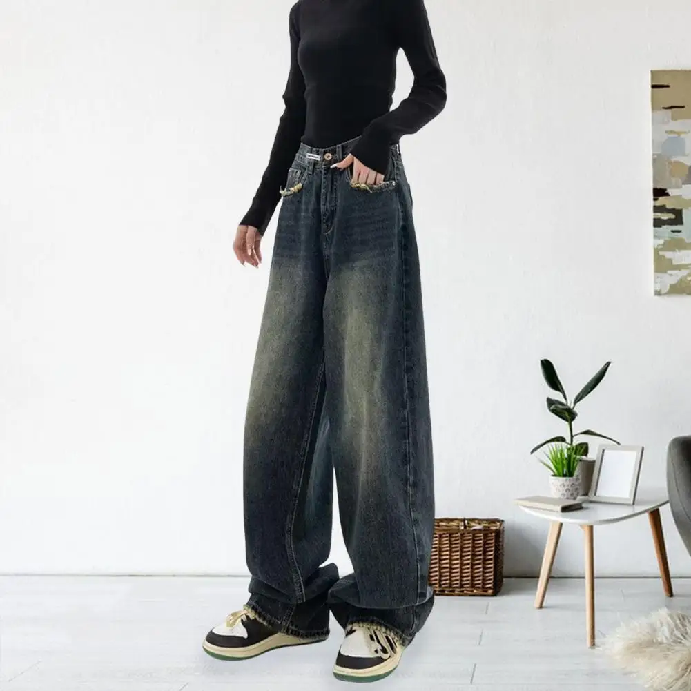 

Women Jeans Wide Leg Floor Length Loose Denim Trousers Vintage Hip Hop Streetwear Deep Crotch Pockets Straight Long Pants