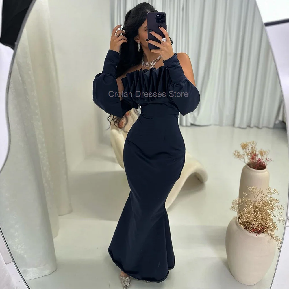 

Dark Blue Backless Mermaid Prom Dress Saudi Arabia Pleats Long Sleeves Formal Evening Dress Zipper Back Wedding Guest Gowns 2024