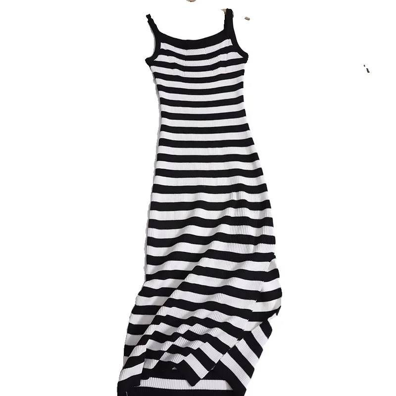 2024 New Summer Sexy Contrast Color Striped Clavicle Dress with Slip Tight Waist Slim Split Knitted Long Dress Women