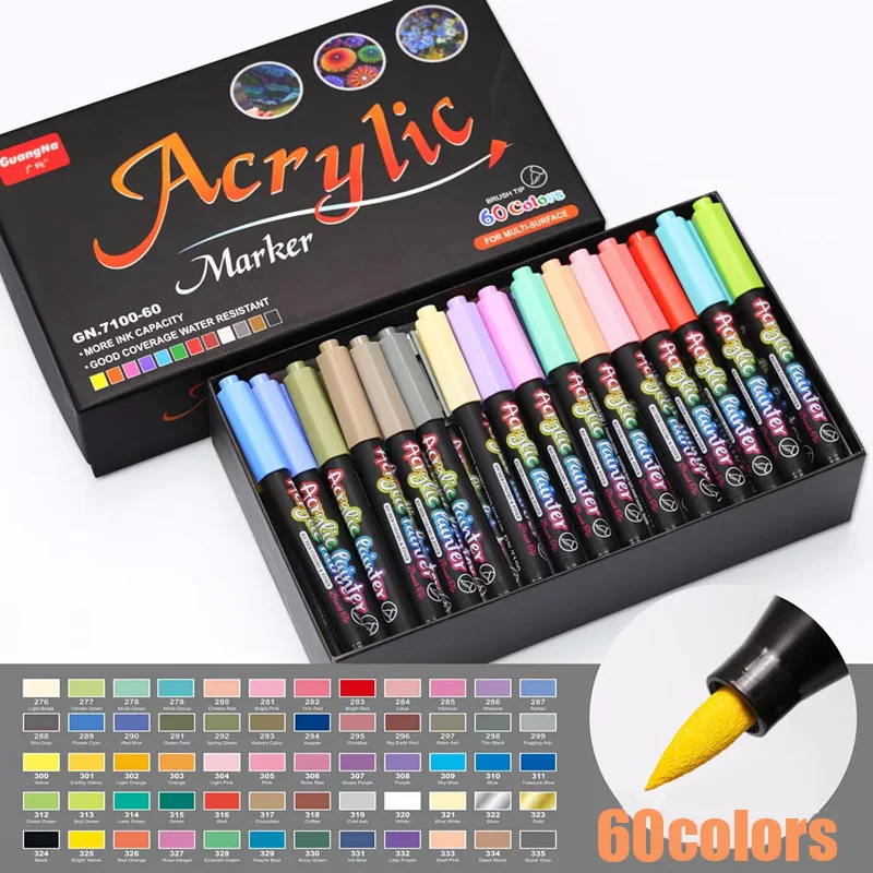 

12-60 Colors Acrylic Paint Brush Pen Art Marker Soft Tip Pen for Ceramic Rock Glass Porcelain Mug Wood Fabric Canvas Painting