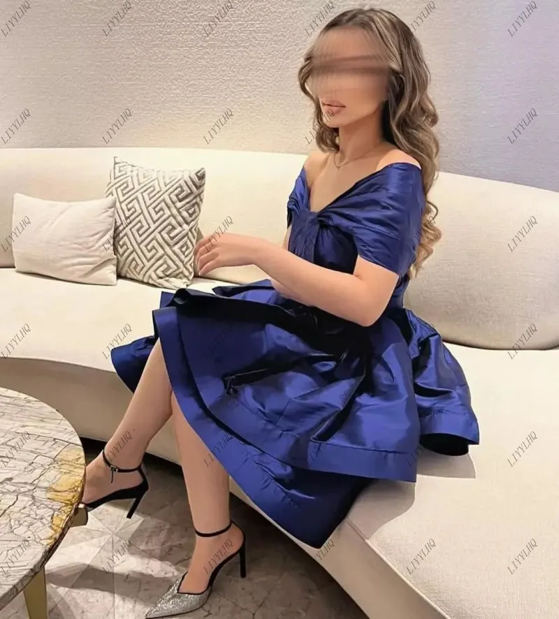 LIYYLHQ Navy Blue Satin Evening Dresses Prom Gowns Knee Length Arabian Dubai Women Formal Cocktail Party Dress Robe de soire