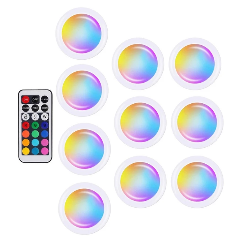 LED Cabinet Light RGB Puck Lamp Remote Control Battery Powered Dimmable Kitchen Under Cabinet Closet Light Nightlight Multicolor