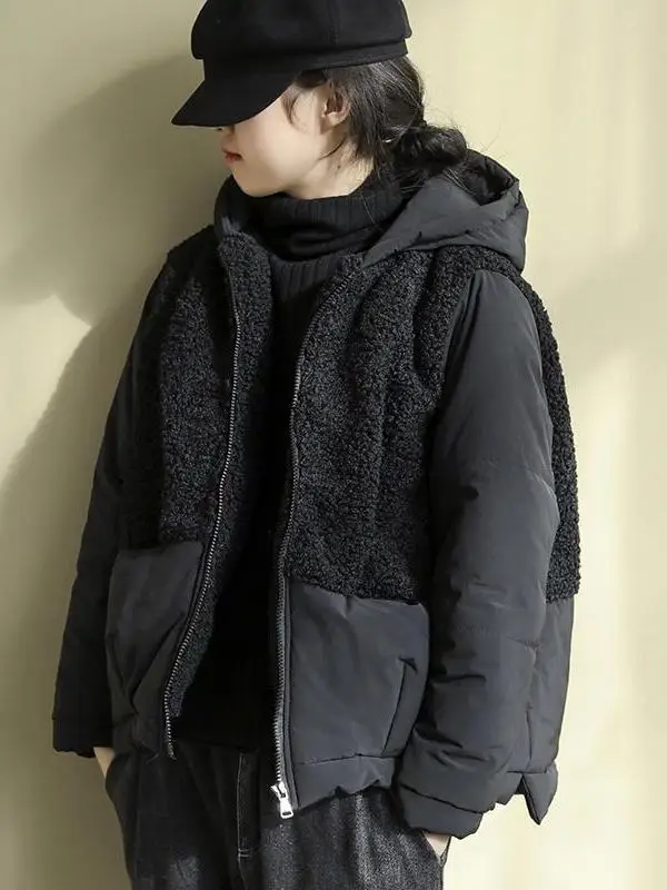 

Retro Large Size Hooded Warm Outerwear Autumn Winter Lamb Velvet Patchwork Versatile Cotton Jacket Brand Free Shipping