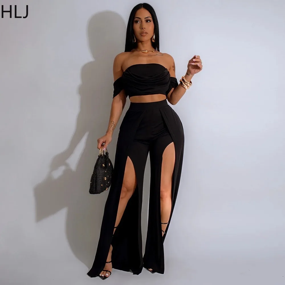 HLJ Fashion Slit Loose Wide Leg Pants 2 Piece Sets Outfit Women Off Shoulder Short Sleeve Crop Top And Pants Party Clubwear Suit