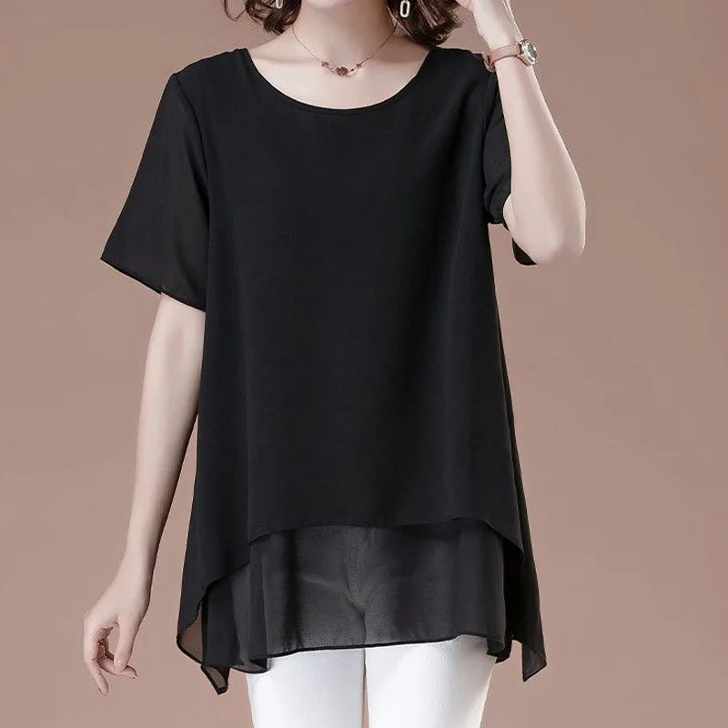 Summer New Chiffon Thin Irregular Shirt Tops Short Sleeve Solid Color Loose Temperament Blouse Fashion Elegant Women Clothing