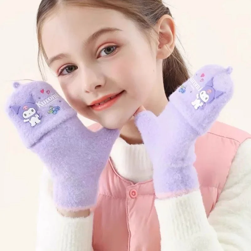 Sanrio Kuromi My Melody Plush Gloves  Anime Winter Flip Cover Half Finger Comfort Children Kawaii Cartoon Kids Glove Toys Gifts