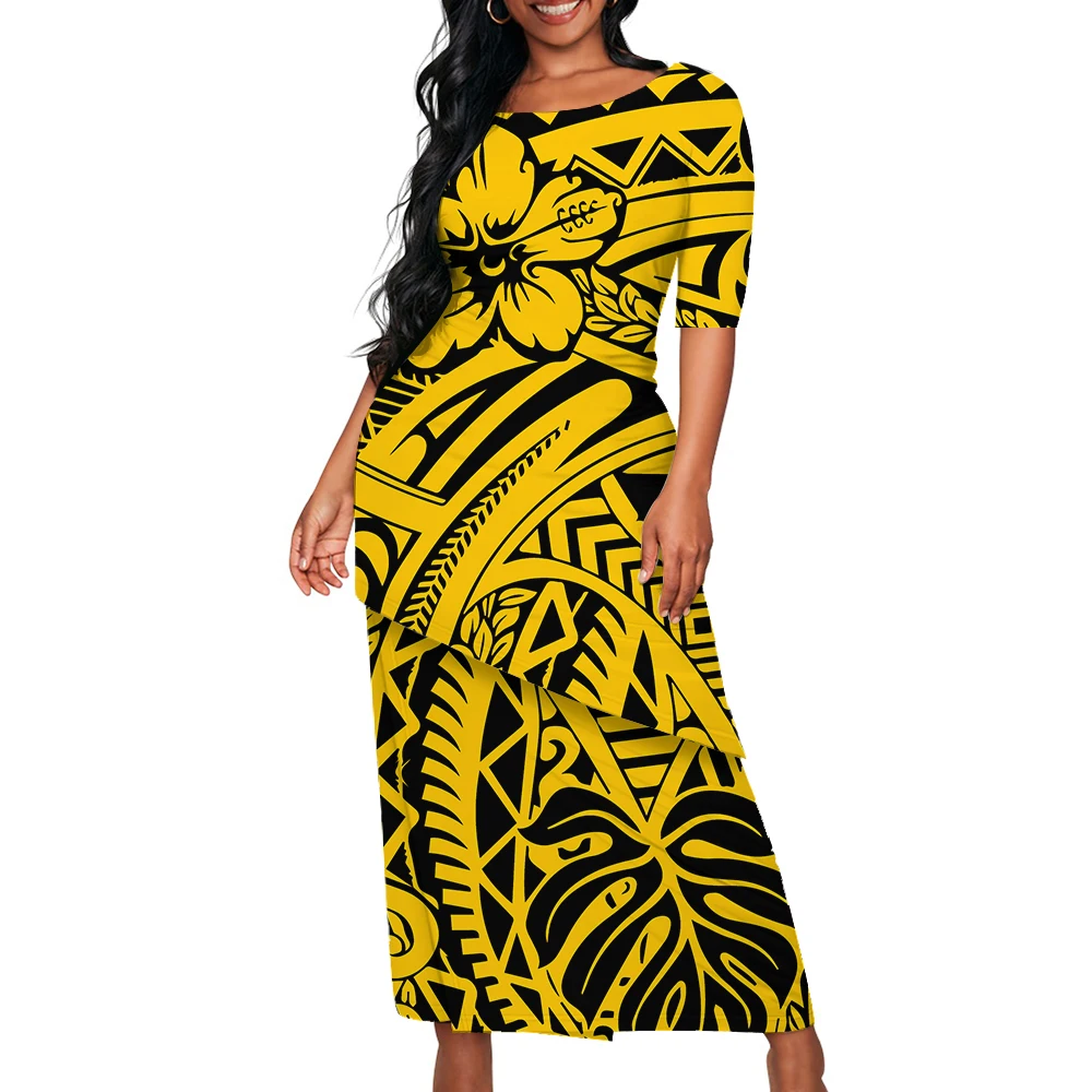 

Samoa Club Ladies Set Skirt Large Crew Neck Polynesian Ladies Puletasi Custom Vintage Design Slit Maxi Dress Hawaiian Islands