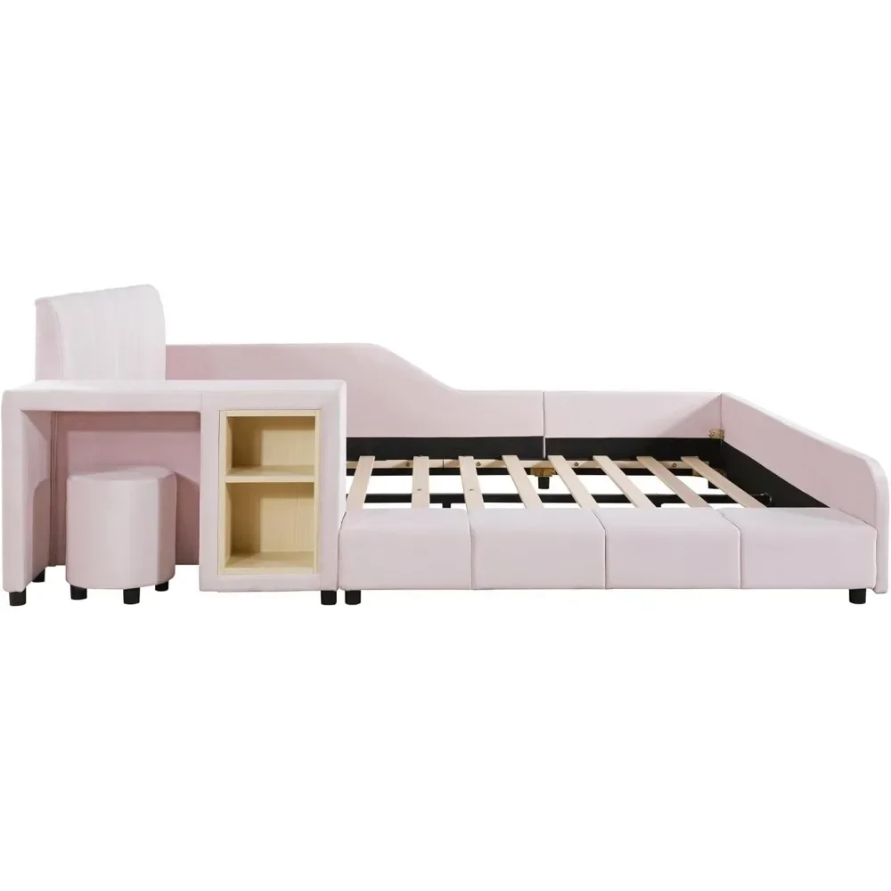 Tamanho completo moderno estofados cama aterrado, tecido de veludo, piso plataforma cama com mesa de cabeceira, mãe e filho cama