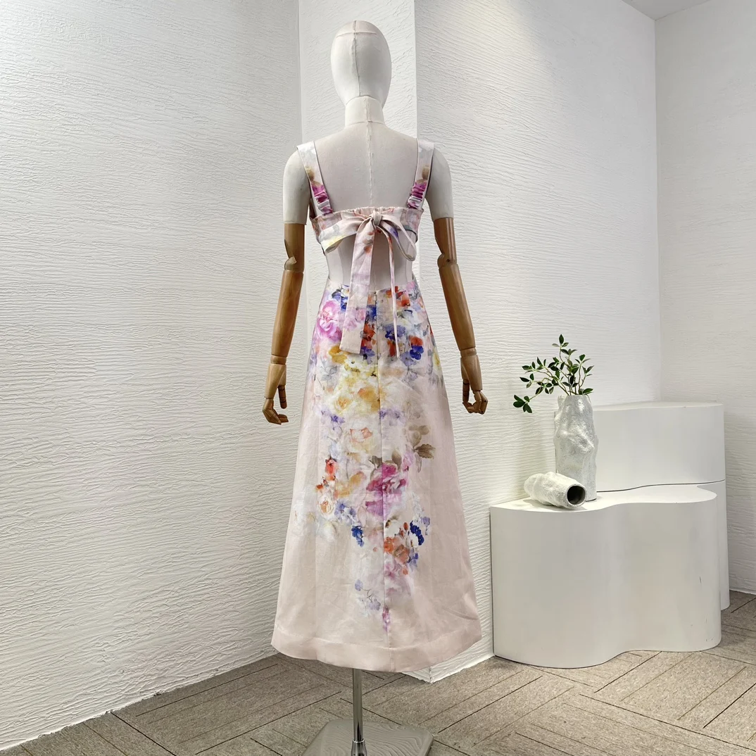 متعدد الألوان طباعة الأزهار بلا أكمام عارية الذراعين قطع الخصر فستان ميدي 2025 تصميم جديد
