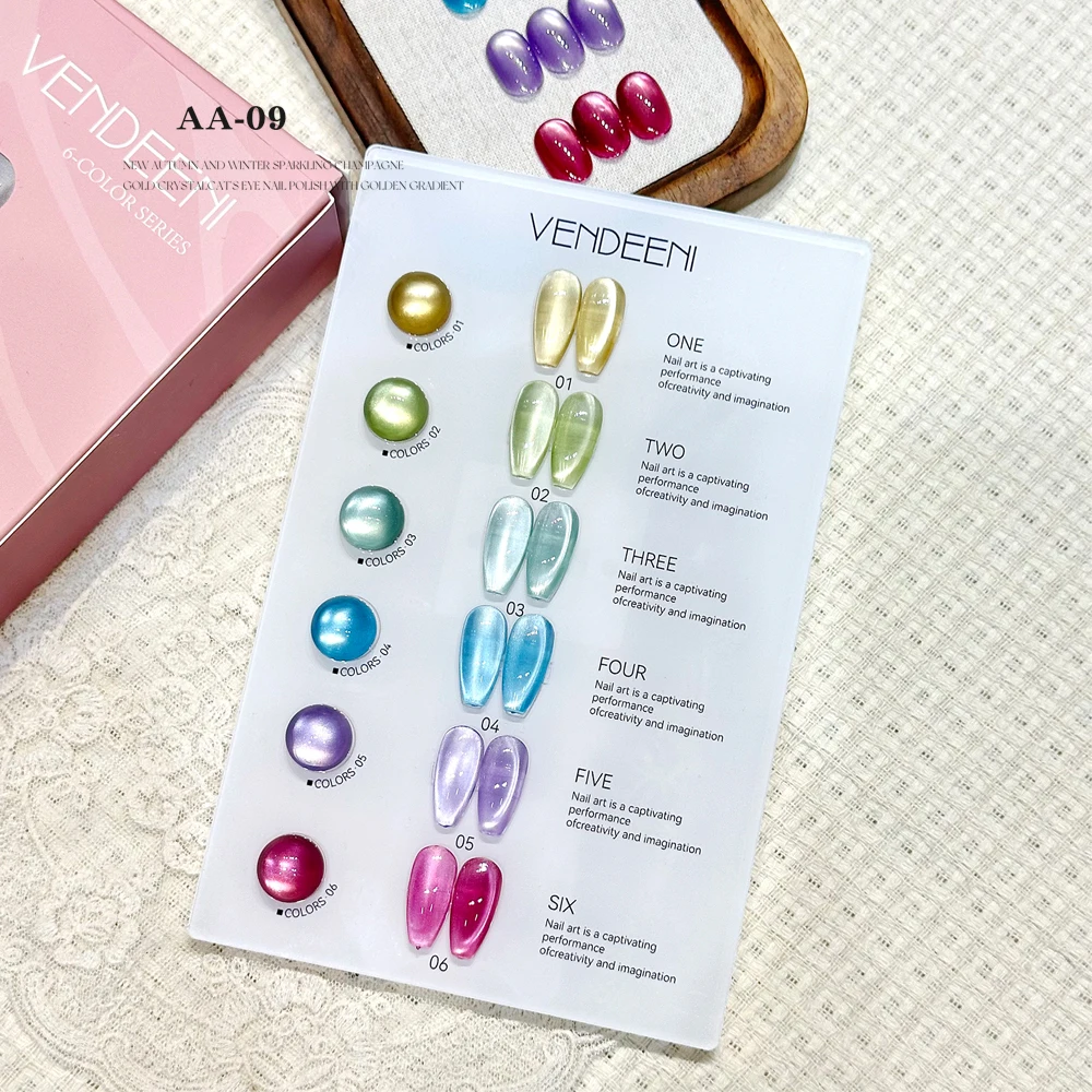 Vendeeni 6 ألوان/مجموعة شفافة كريستال القط العين هلام طلاء الأظافر بريق المغناطيسي مسمار الورنيش مع بطاقة اللون TPO/HEMA الحرة