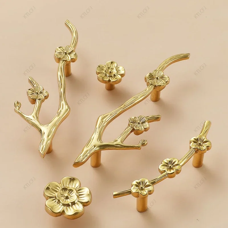 New Chinese Style Brass Handle Fancy Single Hole European Creative Decoration Branches Leaves Clothes Kitchen Cabinets Handles