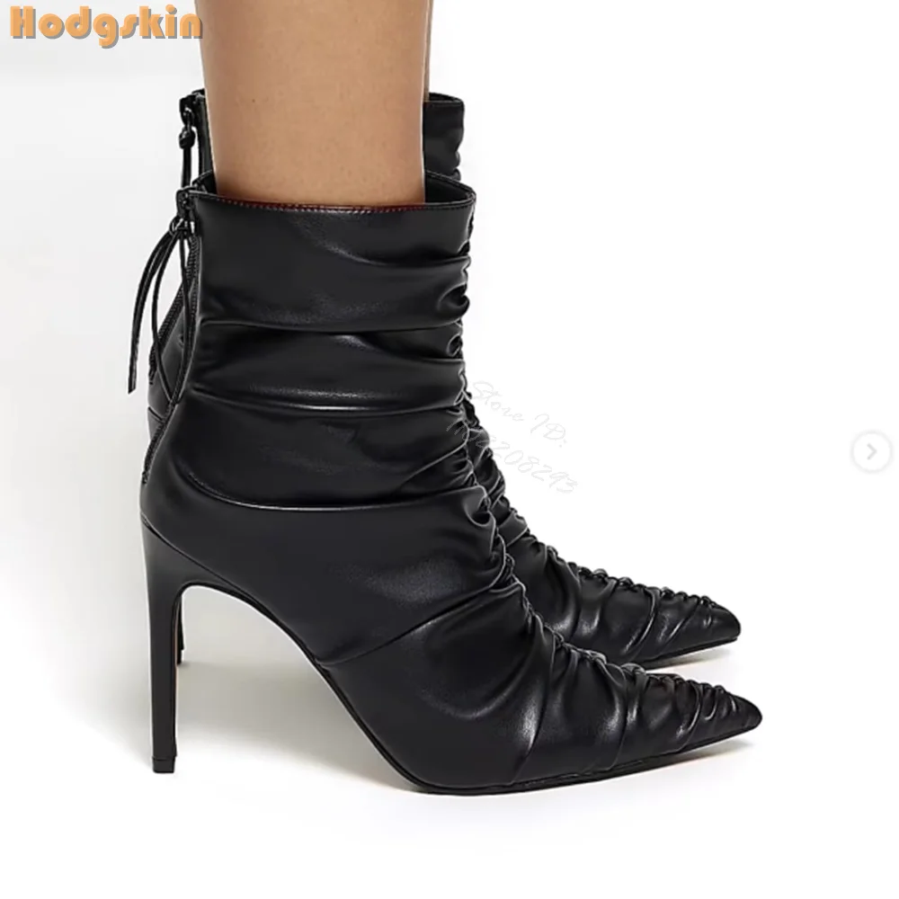 

Сексуальные плиссированные ботильоны, однотонные короткие ботинки из искусственной кожи на тонком высоком каблуке с молнией сзади, женская осенняя новая модная обувь 2025