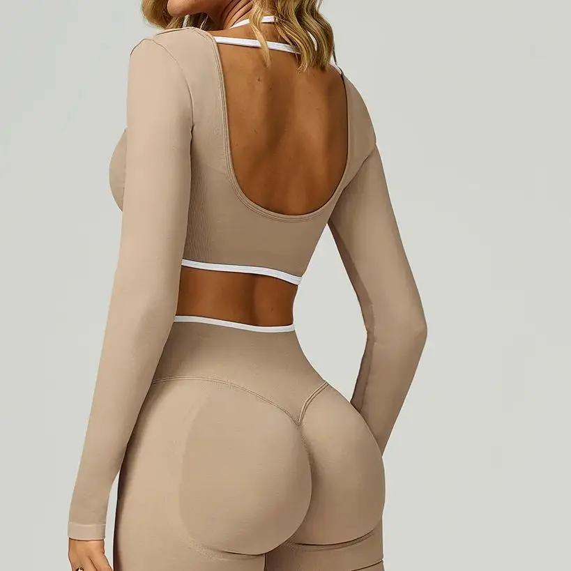 

Yoga Long Sleeved Seamless Quick Dry T-Shirt Women Gym Top Women Push Up Sports Crop Top Ribbed Female Long Sleeve Yoga Clothing