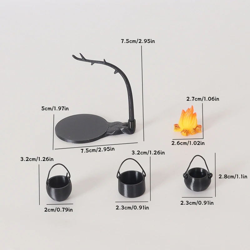 Mini poêle suspendu pour maison de poupée, marmite, modèle de pile de feu, décoration de scène de Camping en plein air, accessoires pour maison de poupée, 4/5 pièces