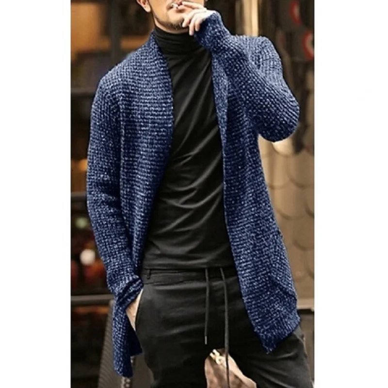 Mid-Length Cardigan Sweater Coat Mature Men's Personality Design Mixed Color Knitted Pocket Trench Coat