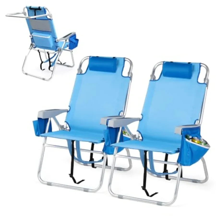 

Beach camping chairs for adults: lightweight 16-inch blue folding chairs with 5-position recline cooler bag cup holders towel b