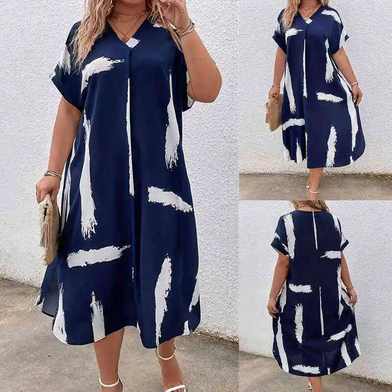 تنورة نسائية صيفية مريحة وفضفاضة irt Dr مقاس كبير من مادة القطن والكتان الناعم OL Sle مطبوعة H-ape Midi Dr