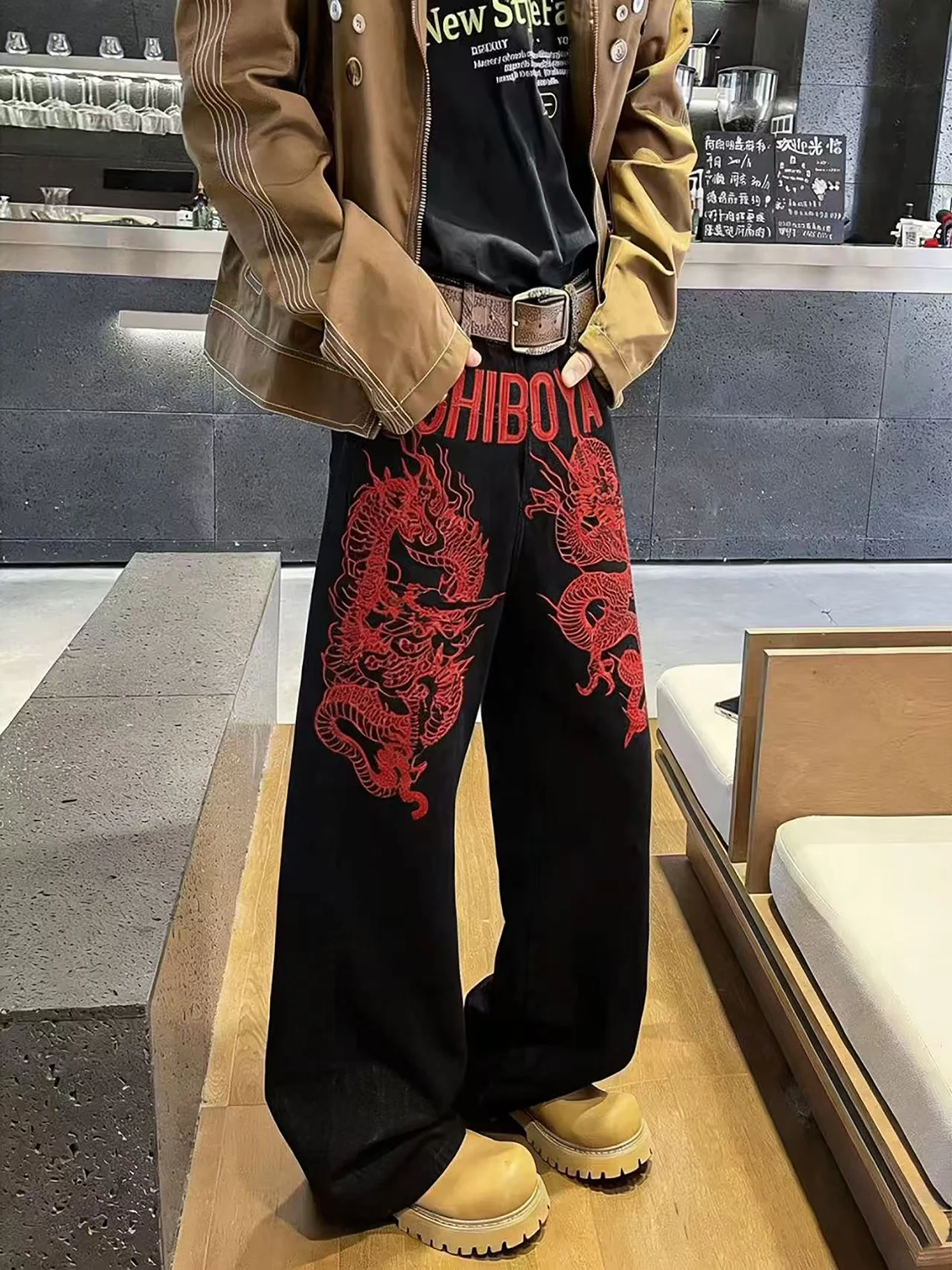 

Heavy Industry Red Dragon Embroidered Wide Leg Jeans Men's Spring Autumn American Street Style Design Loose Casual Jeans