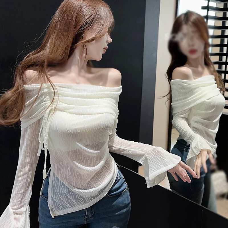 Women Sexy Off Shoulder T-shirt Spring Long Sleeve Slim Fit Crop Top Vintage White Tees Elegant Female Clothes