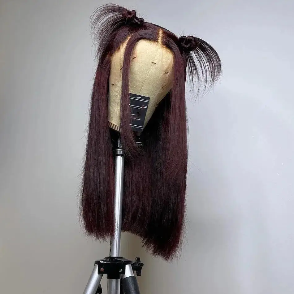 

26-дюймовый предварительно сорванный парик спереди, плотность 180, 99j, винно-красный, прямой, бесклеевой, мягкий, длинный для женщин с детскими волосами