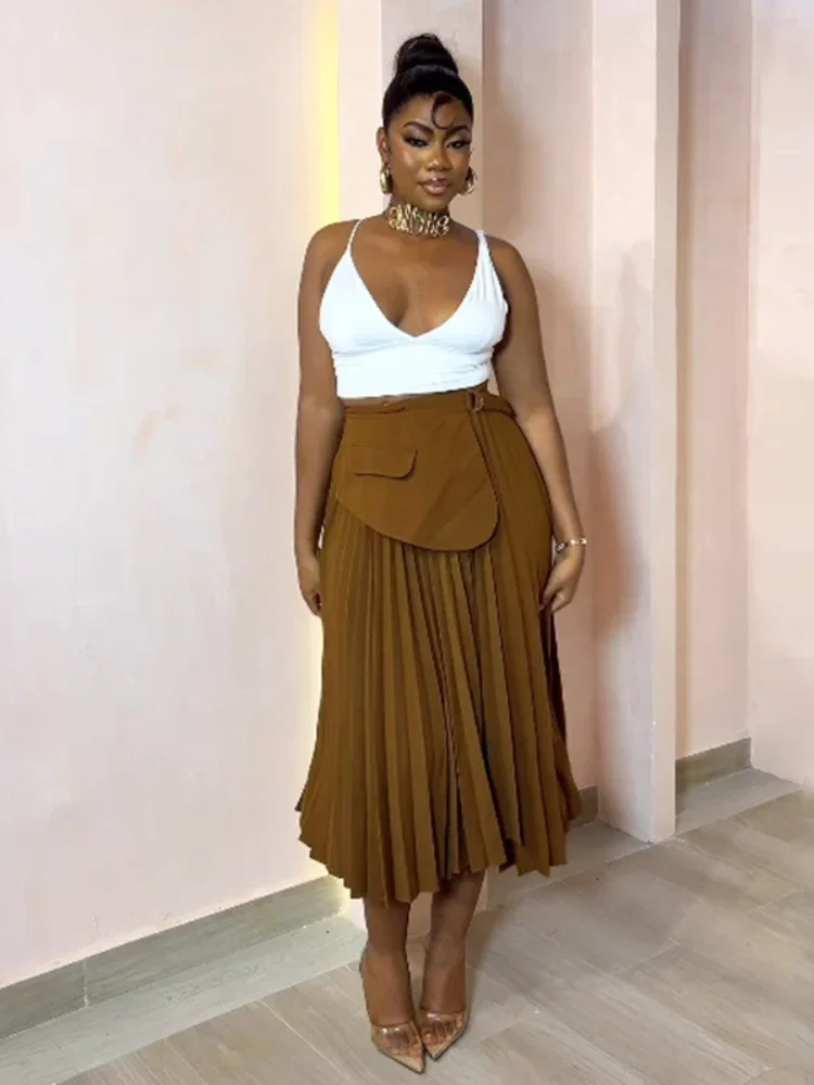 

Ueteey Women 2025 Summer High Waist Patchwork Belt Big Swing Pleated Long Maxi Midi Skirt Holiday OL Street Party A-Line Skirts