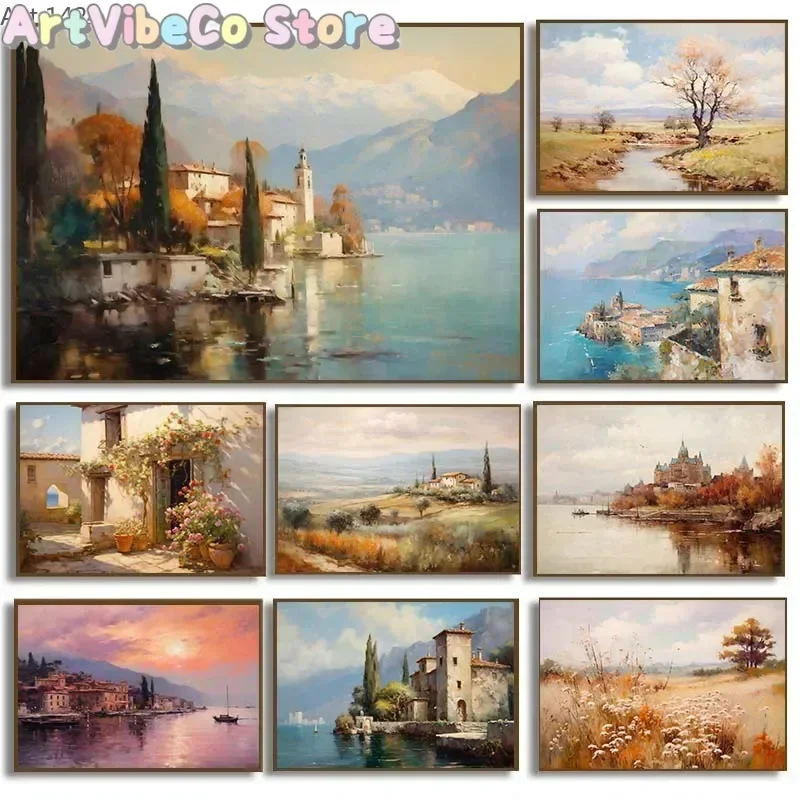 Vintage Countryside Seascape Coastal Venice Neutral Landscape Canvas Painting Print Moody Rustic Poster Living Room Home Deco