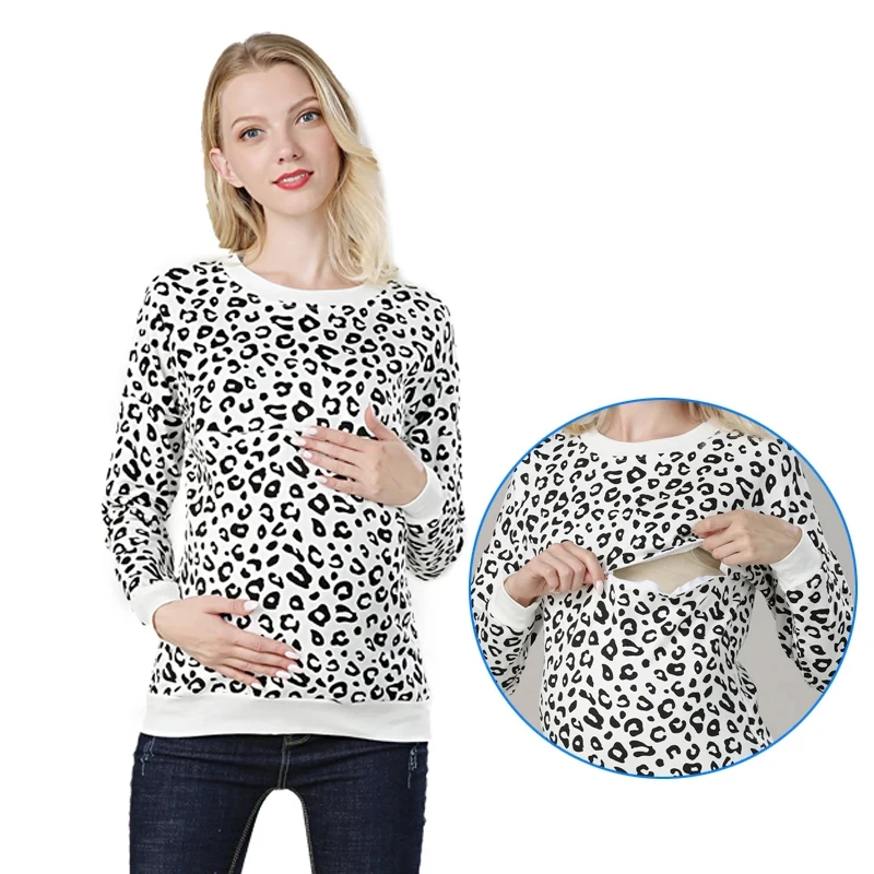 Plus Size Autumn Winter Maternity Sweater Tops Leopard Print Long Sleeve Hoodies Breastfeeding Nursing Tops For Pregnant Women